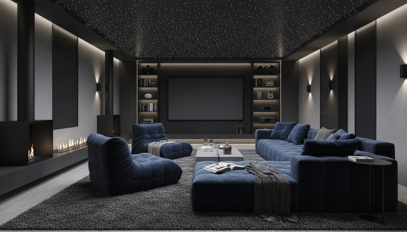 Smoked charcoal Myco-Melanin rug in a dark velvet-themed media room.