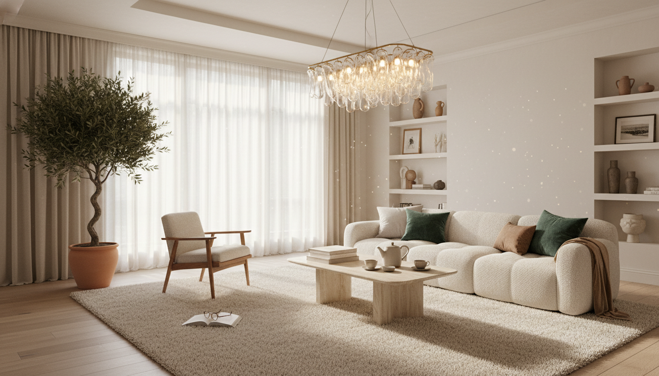 Bright ivory rug in a sunlit living room with modern glass lighting for an airy feel.