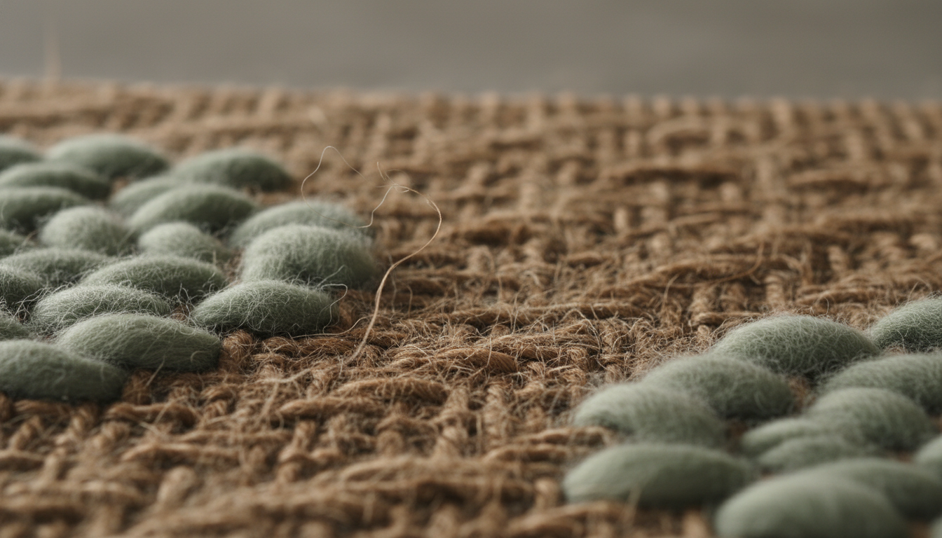 A close-up of a biophilic rug design combining raw jute and wool for a grounded, nature-inspired home environment.