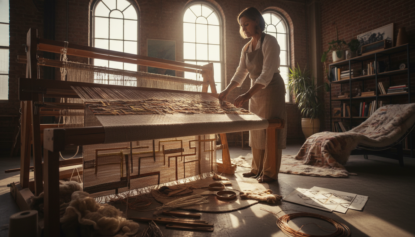 Close-up of artisanal rug weaving showing the blend of traditional craftsmanship and futuristic material science.