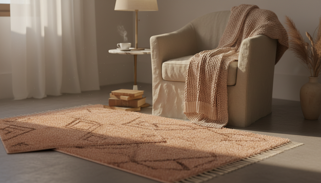 Peach-toned layered rugs in a bedroom creating a harmonious Feng Shui relationship area.