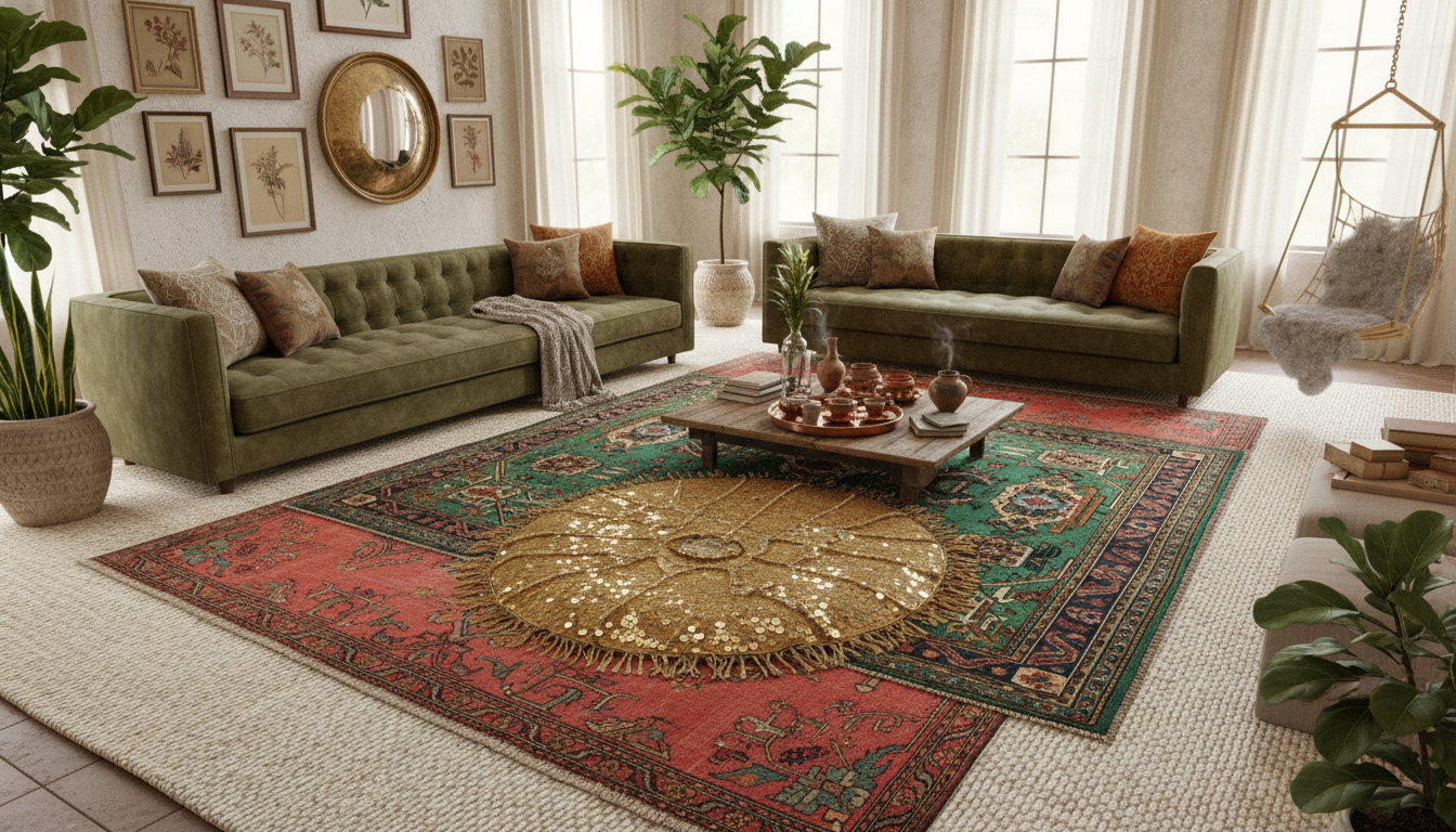 Eclectic living room with multiple small vintage rugs layered over a large neutral rug for a maximalist aesthetic.