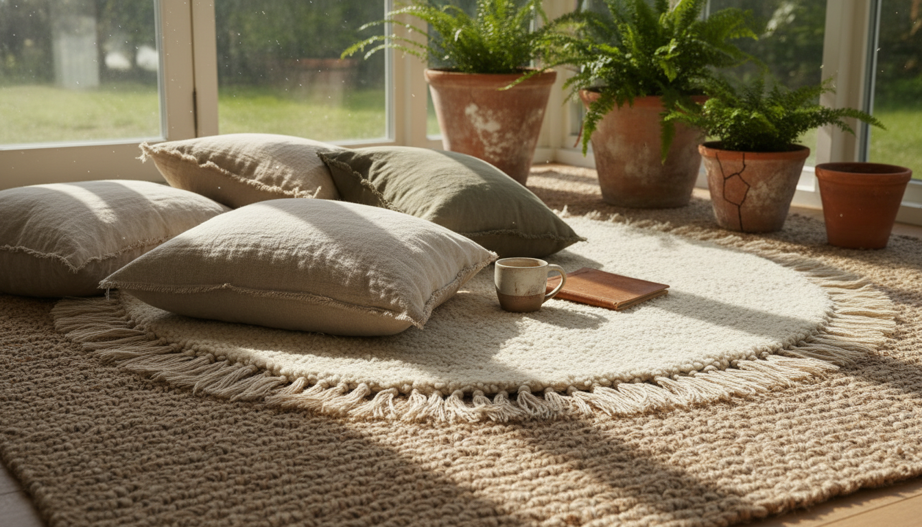 Layered rug setup with chunky jute and soft cream wool in a biophilic sunroom design.