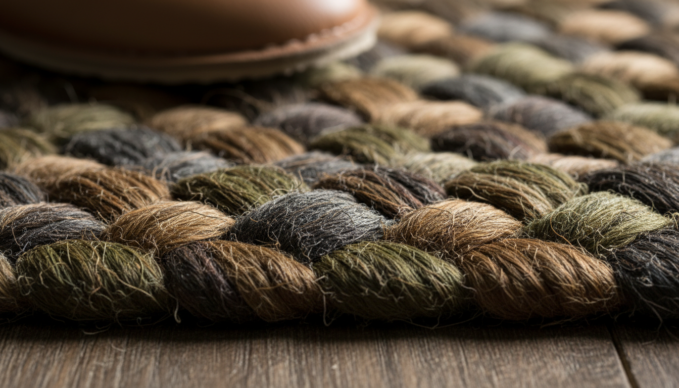 Macro detail of the hand-knotted edge of a rare peat fiber rug for 2026 collectors.