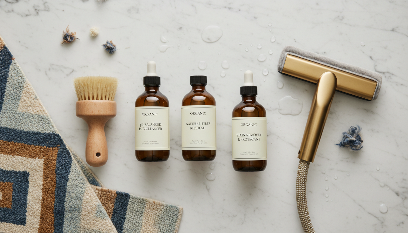 Flat lay of premium rug maintenance tools emphasizing a professional and meticulous approach to textile care.