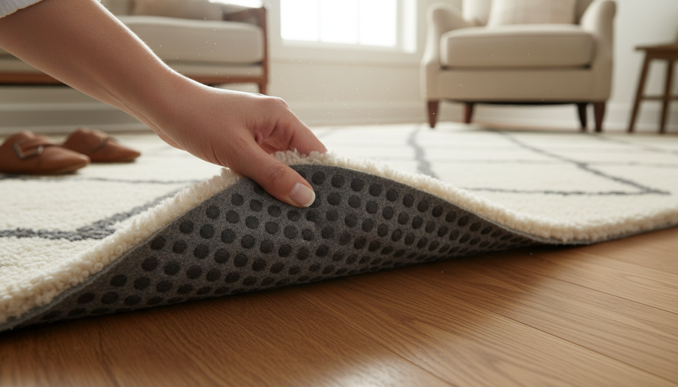 Interior design detail showing a non-slip rug pad used between two layered rugs to prevent shifting and fiber wear.