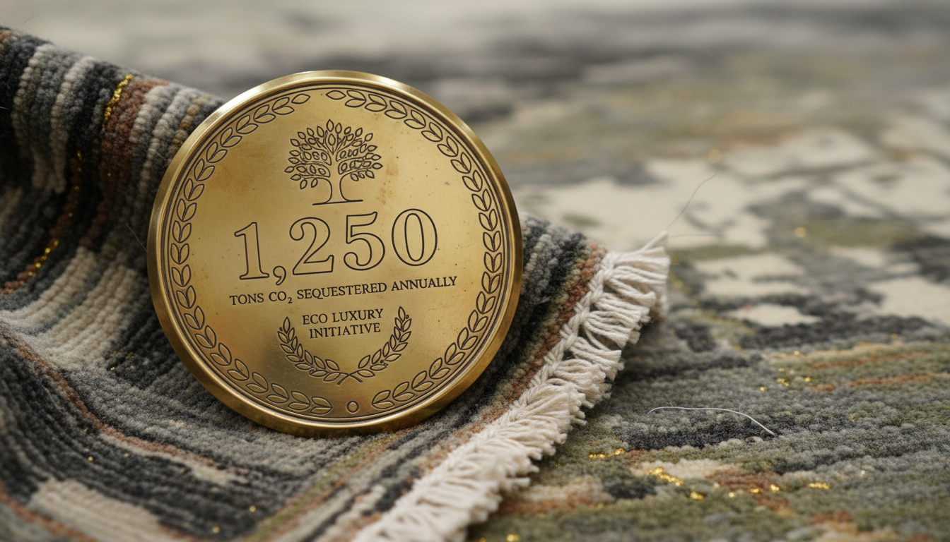 A symbolic close-up showing a carbon sequestration certificate next to the intricate weave of a premium regenerative rug.