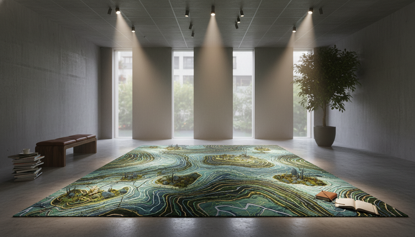 A luxury air-ionizing rug displayed as a centerpiece in a minimalist art gallery setting, highlighting its status as a high-value investment.