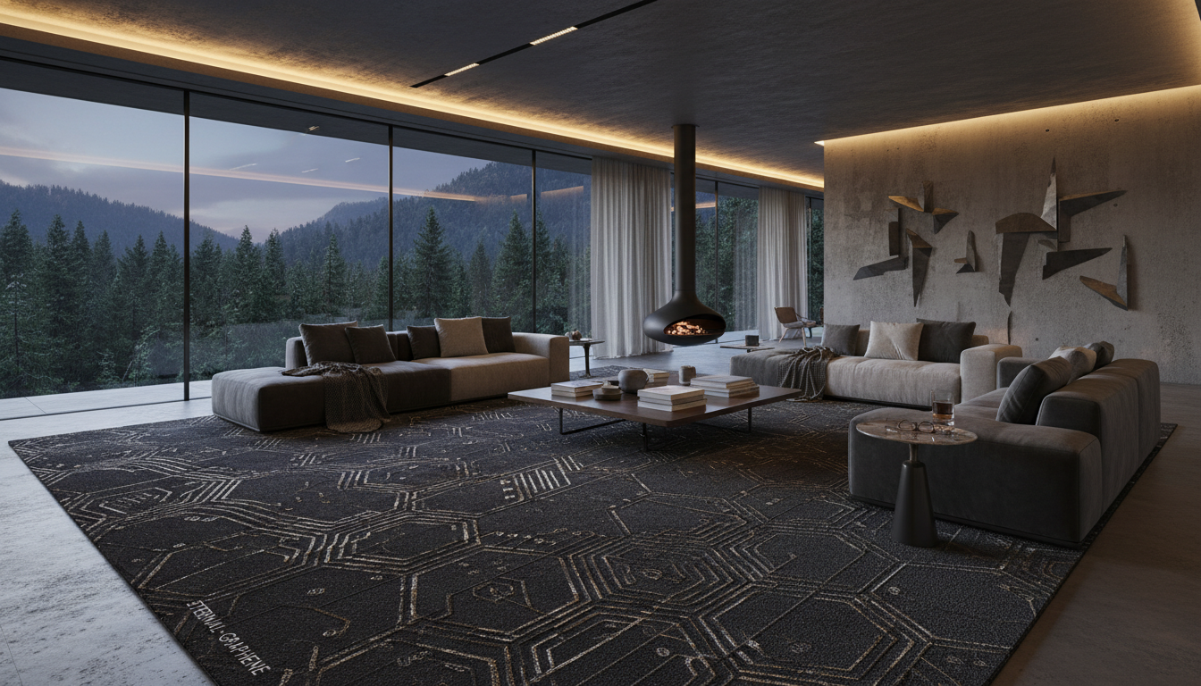 Luxury penthouse interior showcasing a large graphene rug as a durable and sustainable focal point of high-end design.