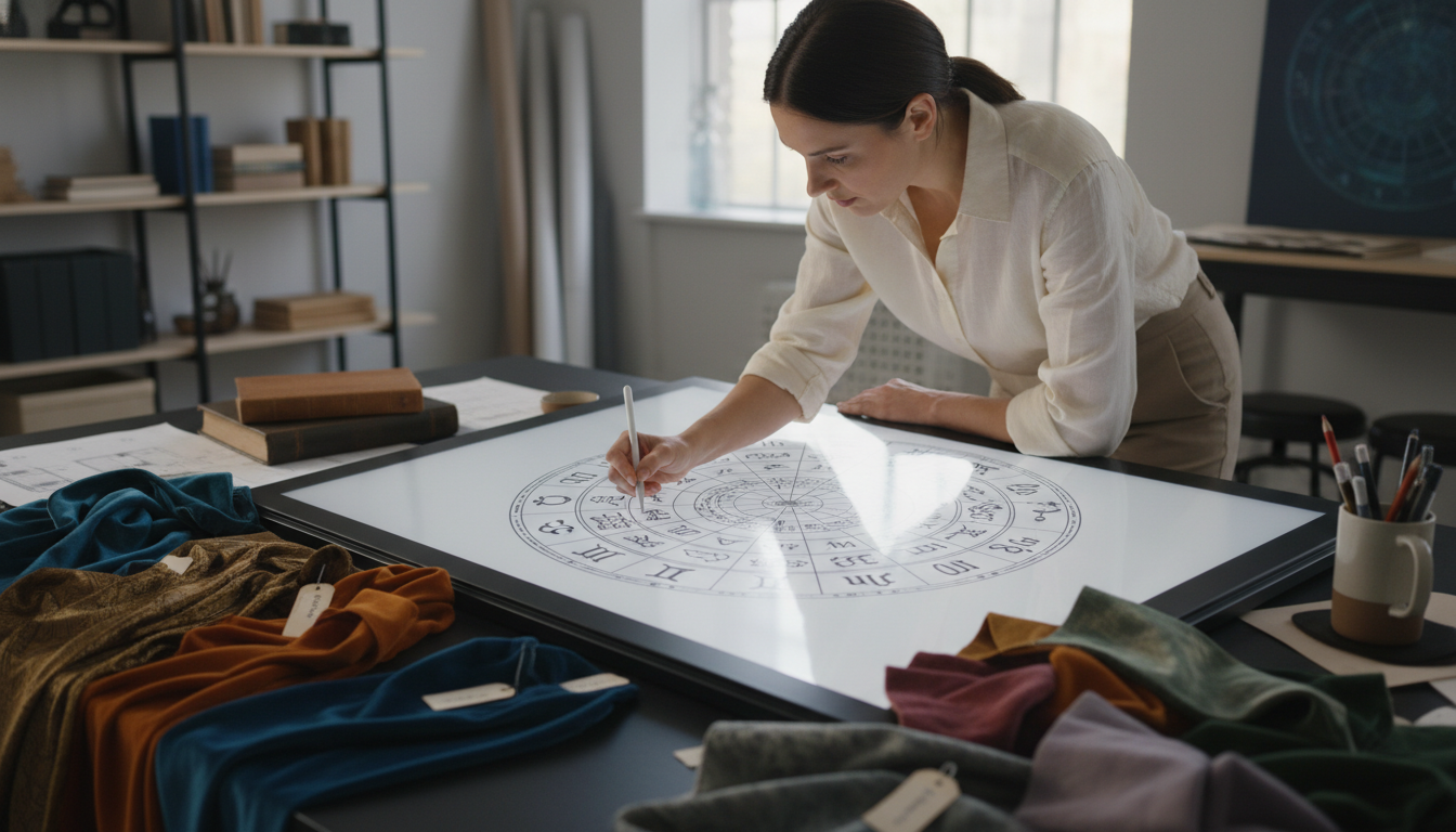 Interior designer mapping out a custom birth chart rug design on a digital workstation.