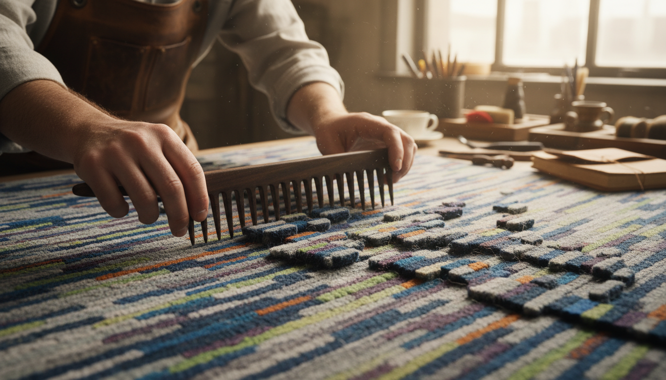 A rug artisan performing traditional maintenance on a modern glitch-style Persian rug.