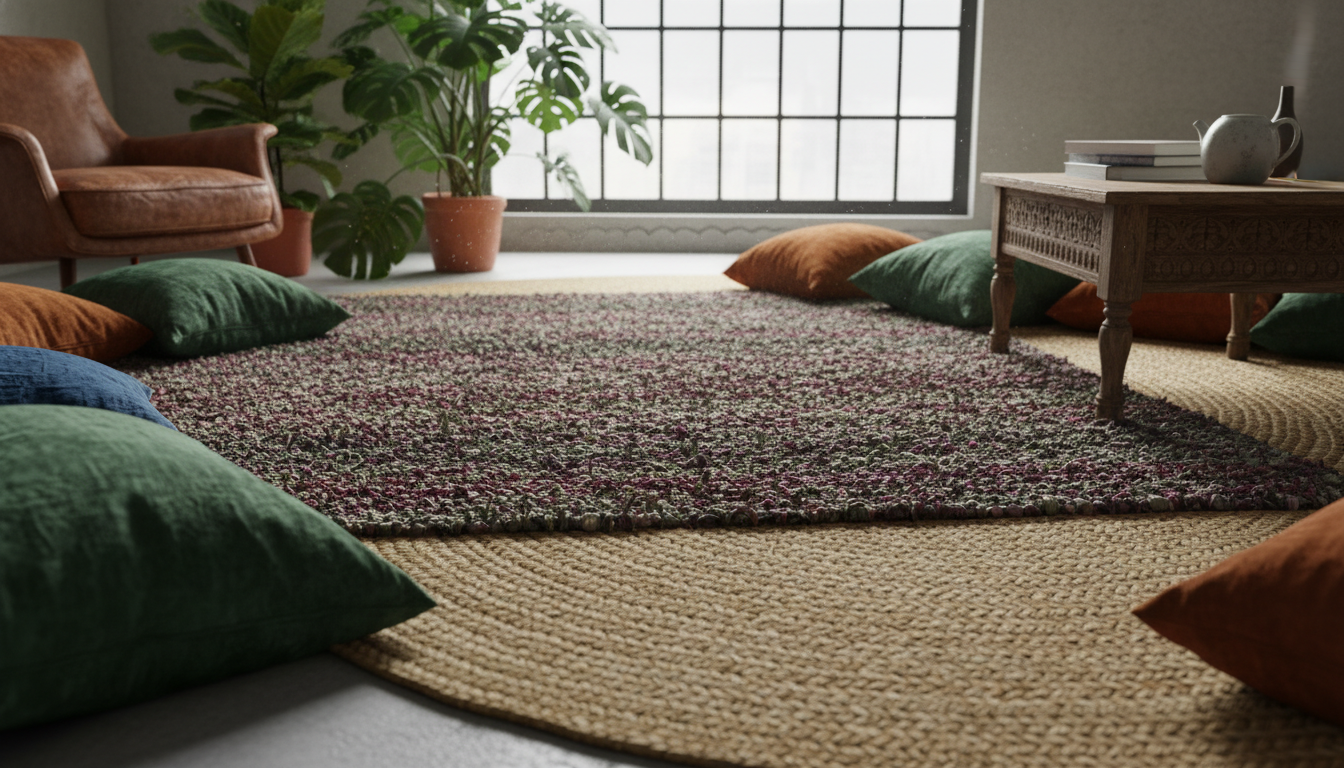 Modern bohemian styling with layered rugs including a grape-waste textile centerpiece.