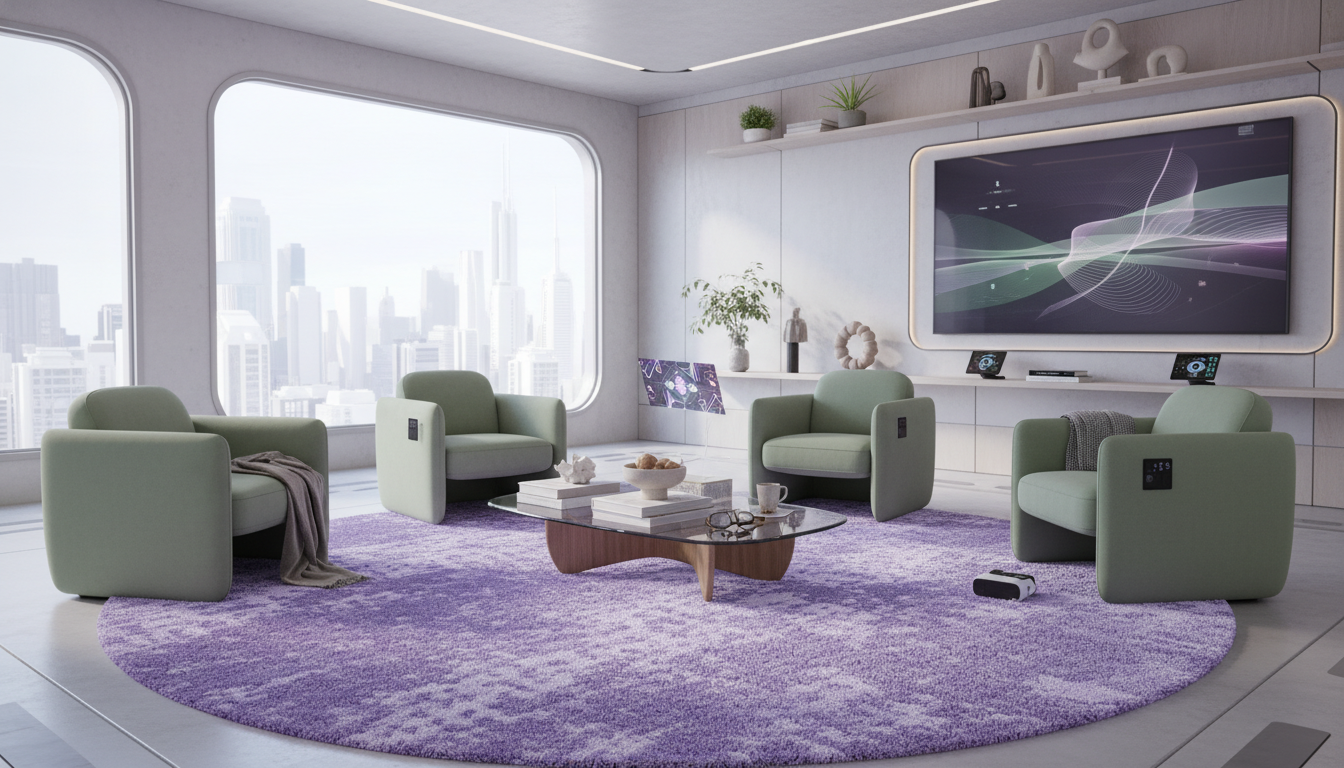 Trend-forward digital lavender rug with sage green accents.