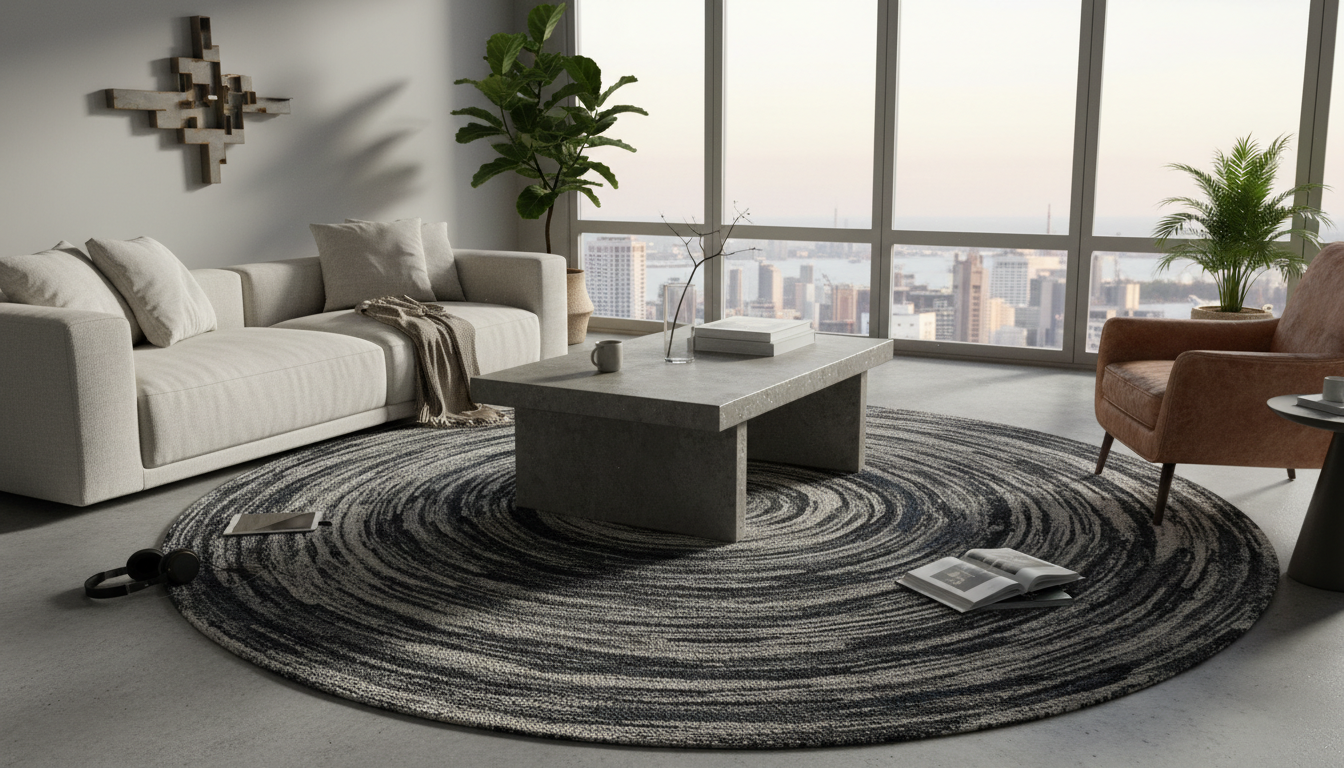 Modern minimalist penthouse featuring a large textured moon-dyed luxury rug.