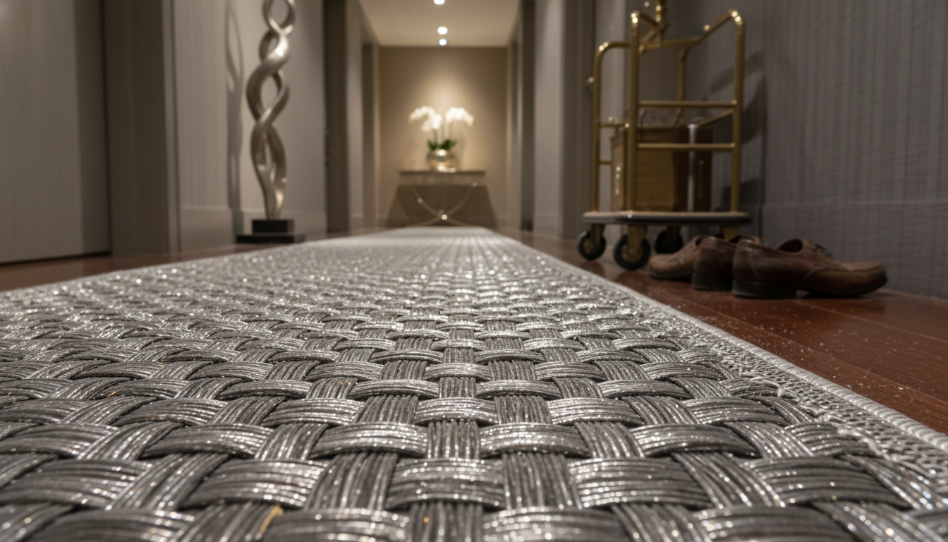 Close-up of a durable silver-infused rug in a high-traffic luxury hallway.