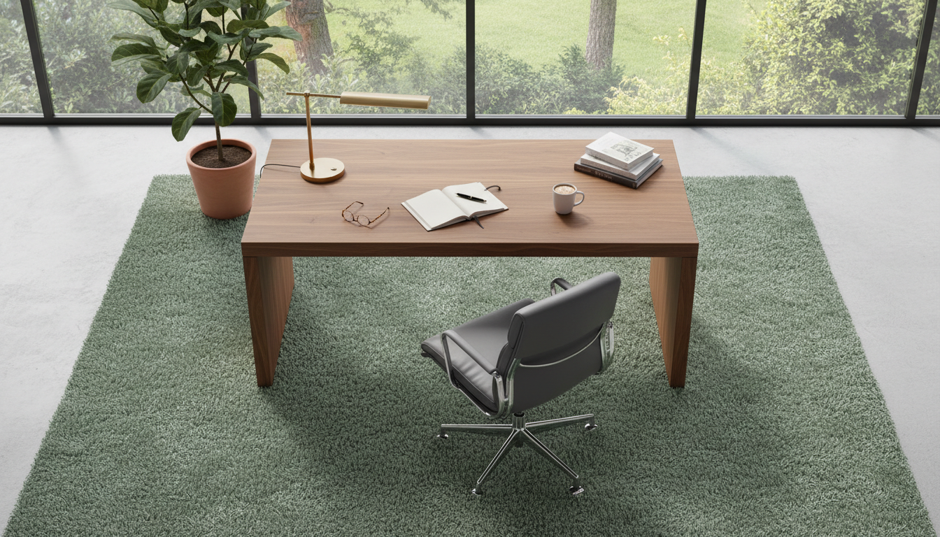 Modern home office with a green rug placed under the desk to improve acoustics and focus.