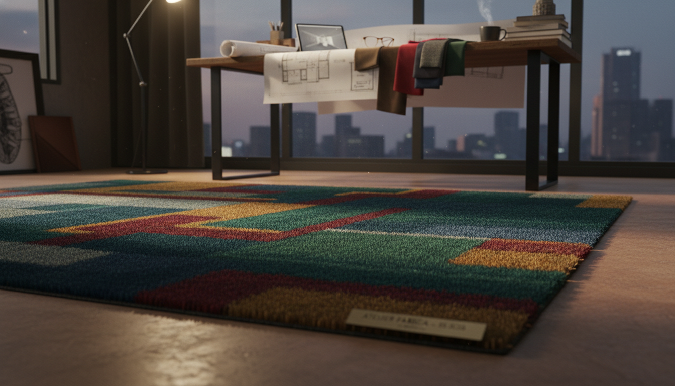 Perspective shot of a high-end designer rug in a professional interior design studio environment.