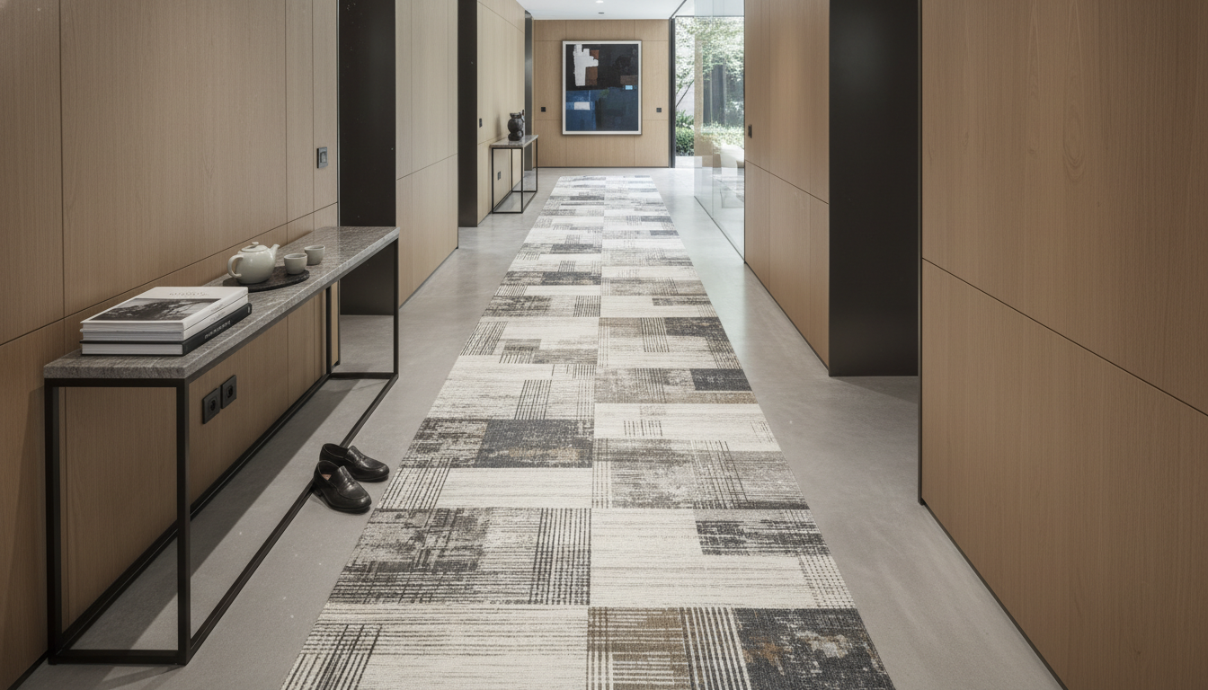 Professional architectural photography of a durable mulberry paper runner in a high-traffic luxury hallway.
