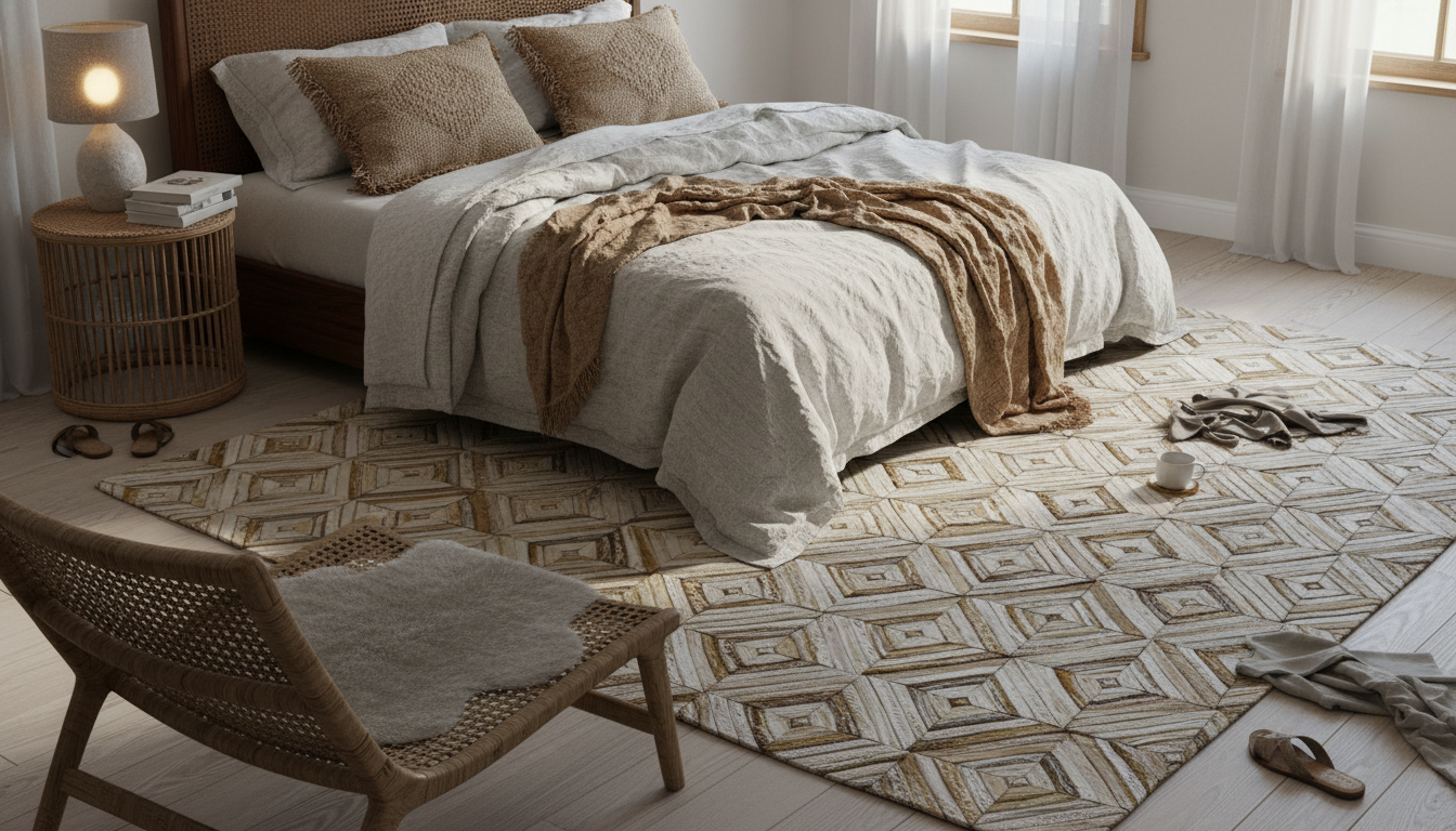 A modern luxury bedroom featuring a geometric patterned Chitin-Loom Bio-Polymer Rug as the centerpiece.