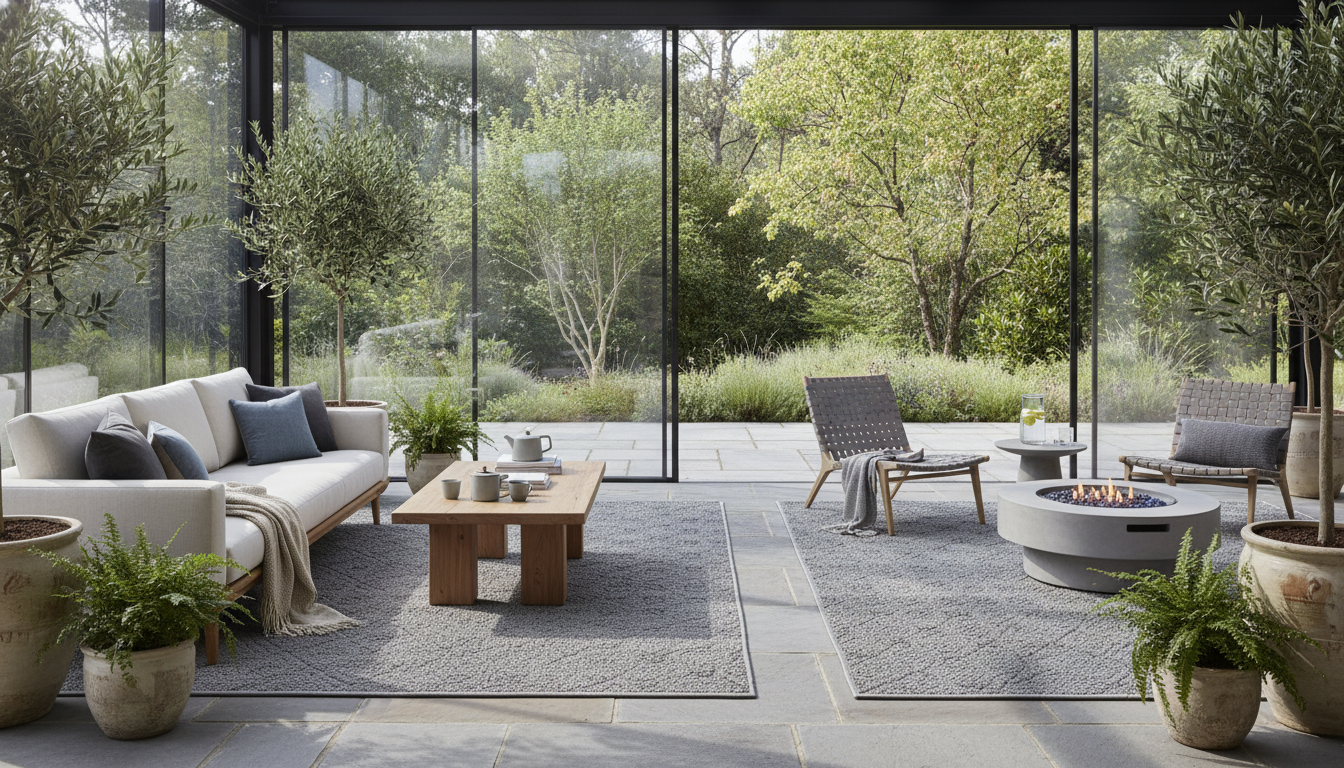 Modern indoor-outdoor living space unified by matching high-performance summer rugs.