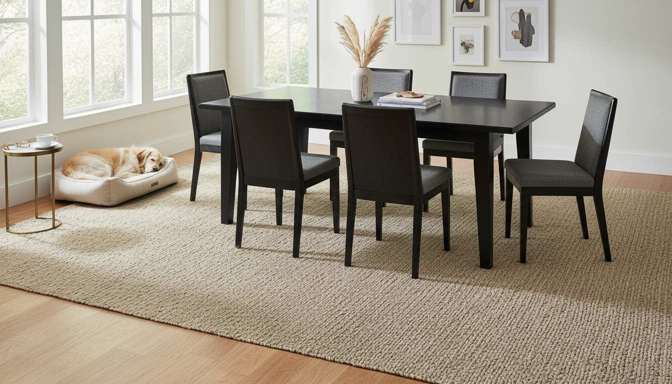 Sand-toned neutral washable rug under a black walnut dining table in a bright room.