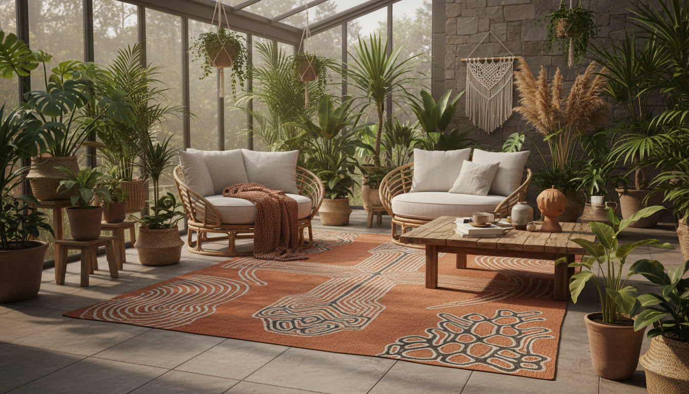 Burnt sienna UV-filtering rug in a bright sunroom with rattan furniture and plants.
