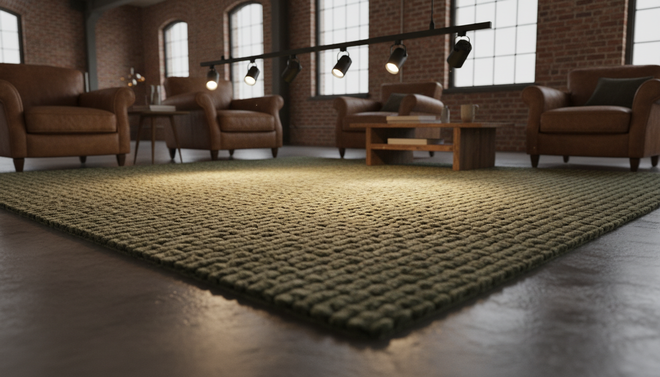 Olive green rug in an industrial loft style room with black track lighting.