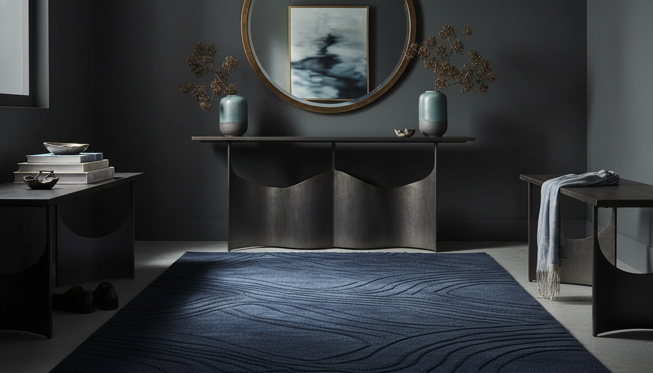 Navy blue entryway rug with wave patterns to enhance career energy and life path flow.