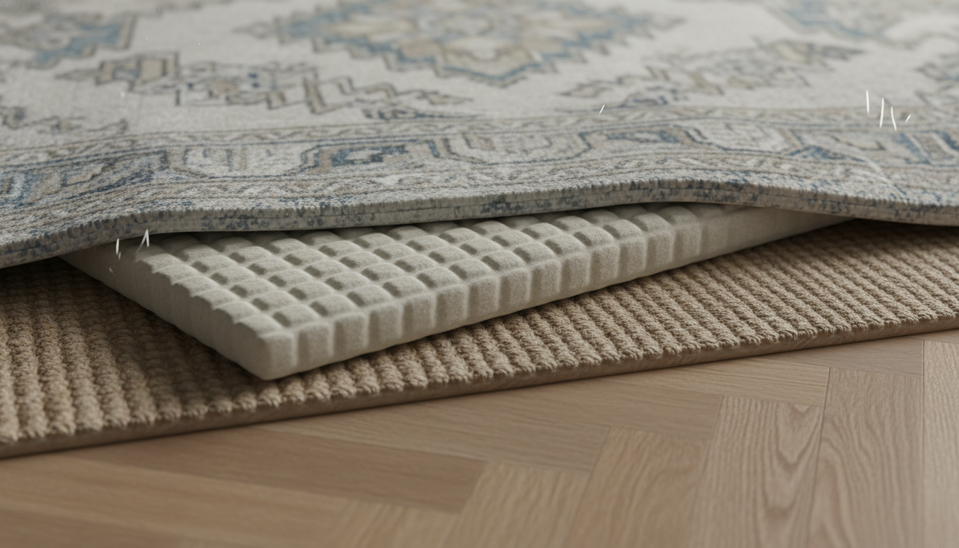 Close-up showing a non-slip rug pad between two layers of rugs to prevent sliding and wear.