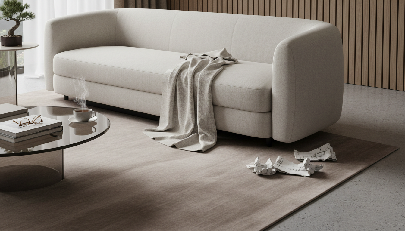 Mushroom taupe silk-wool rug with a subtle shimmer in a minimalist quiet luxury living room.
