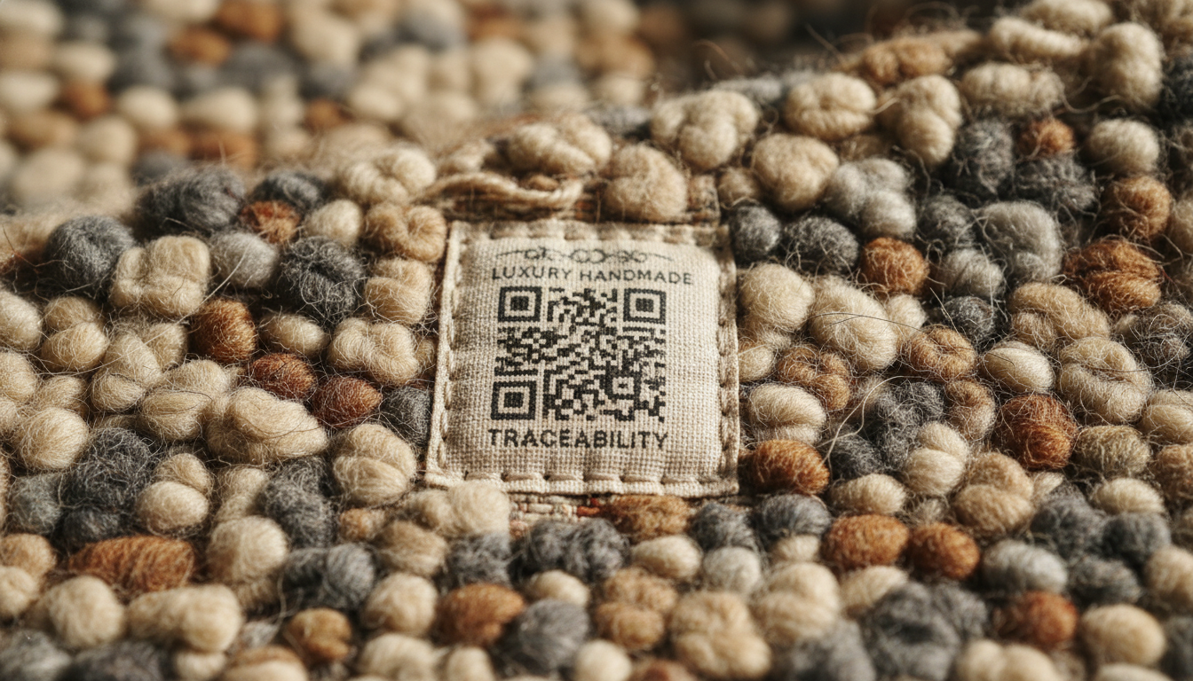 A macro view of a digital traceability tag on a regenerative rug, ensuring consumer transparency and authentic origins.