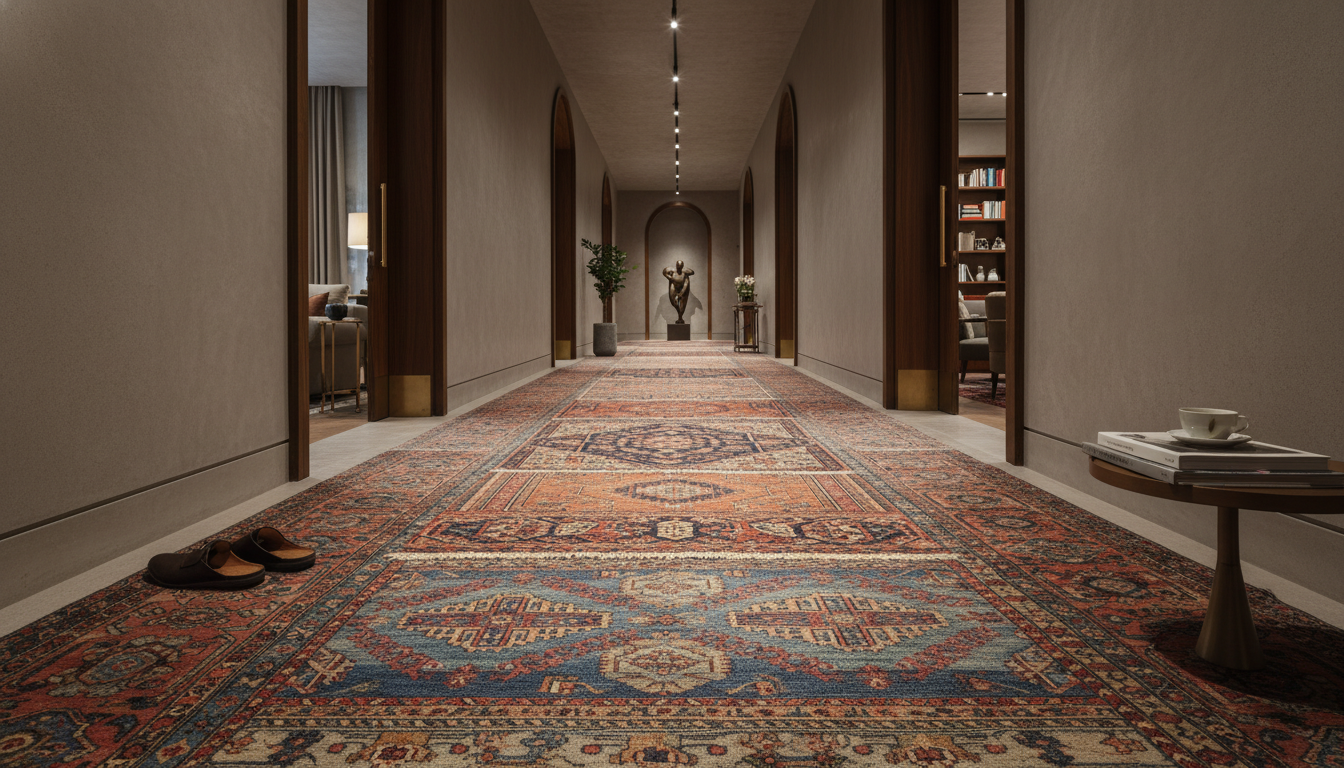 Artistic hallway featuring layered runner rugs to add depth and visual interest to a transitional space.