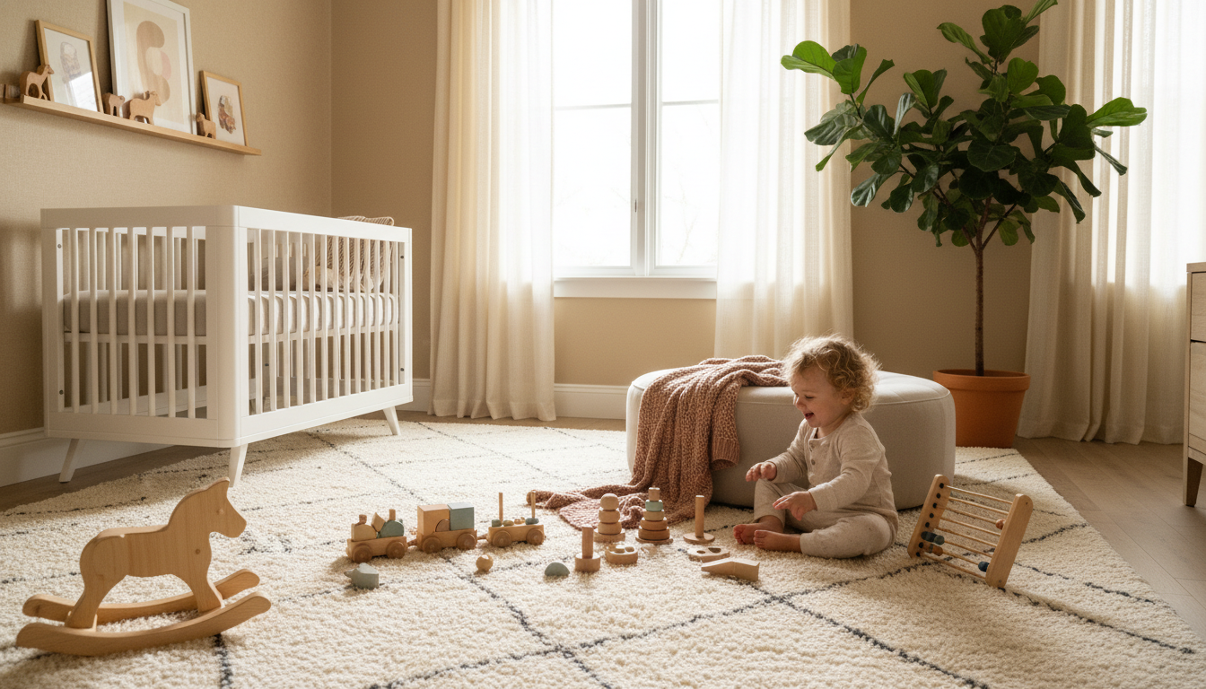 Large, soft nursery rug providing a safe and comfortable surface for children to play and learn.
