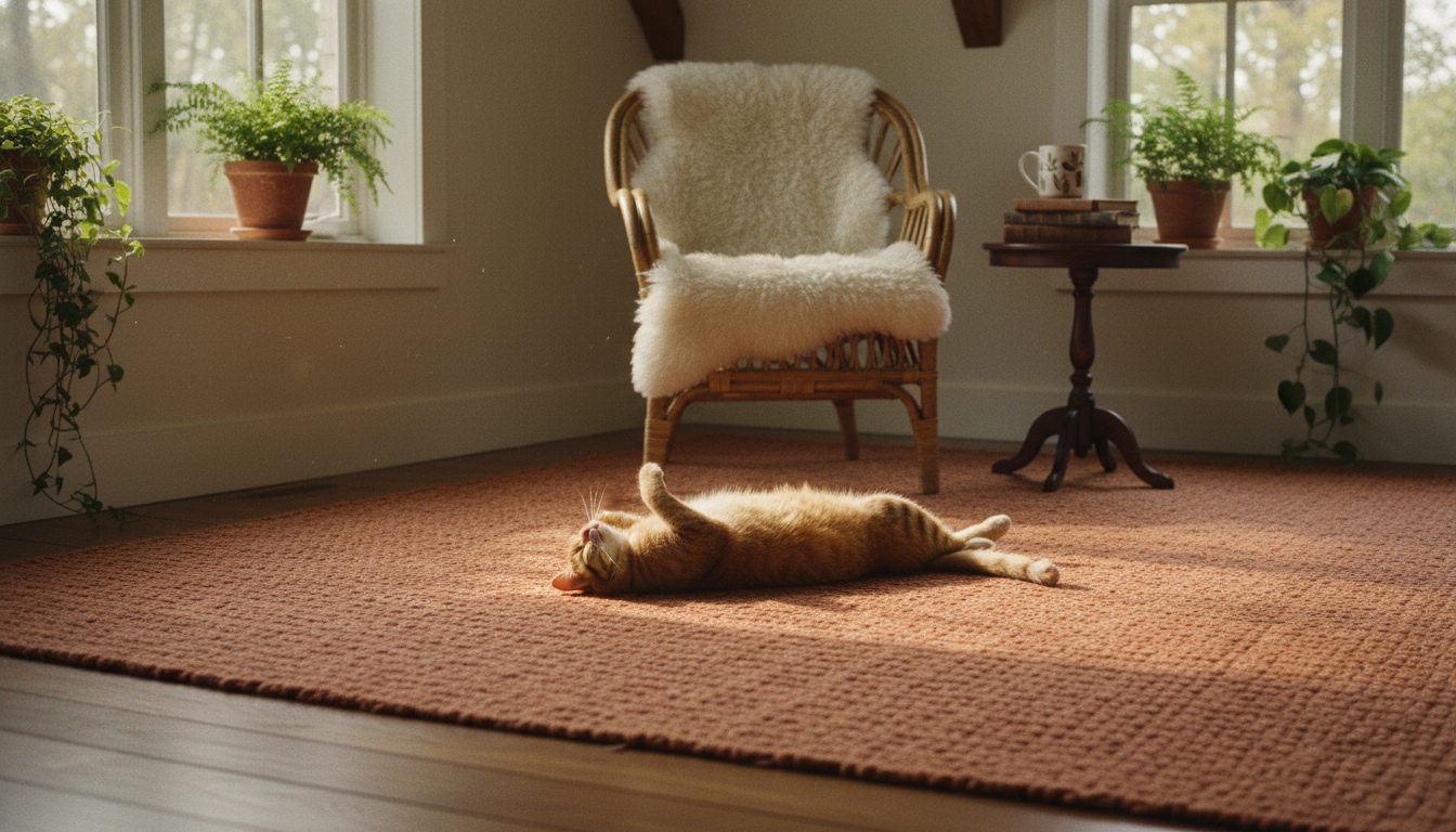 Terracotta clay-colored washable rug in a sunlit room with a wicker chair and a cat.