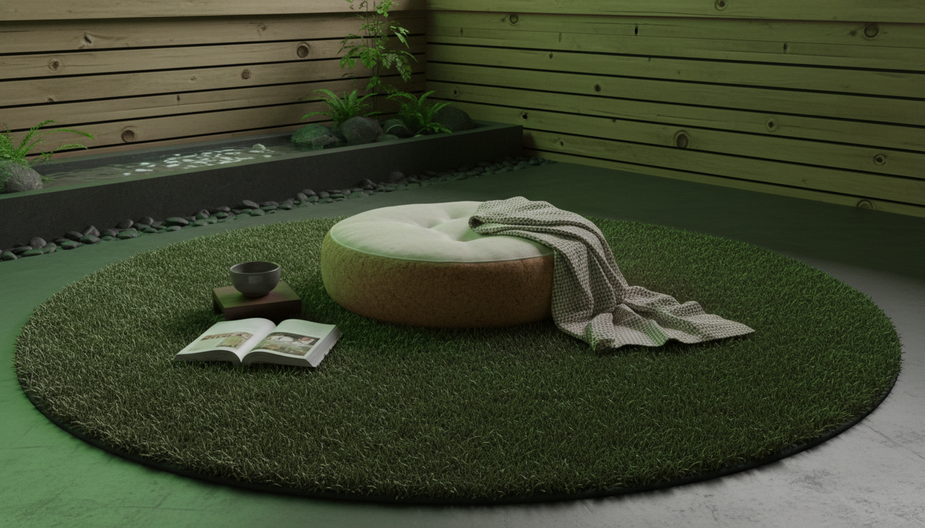 Circular moss green bio-hacking rug in a bamboo-lined meditation room.