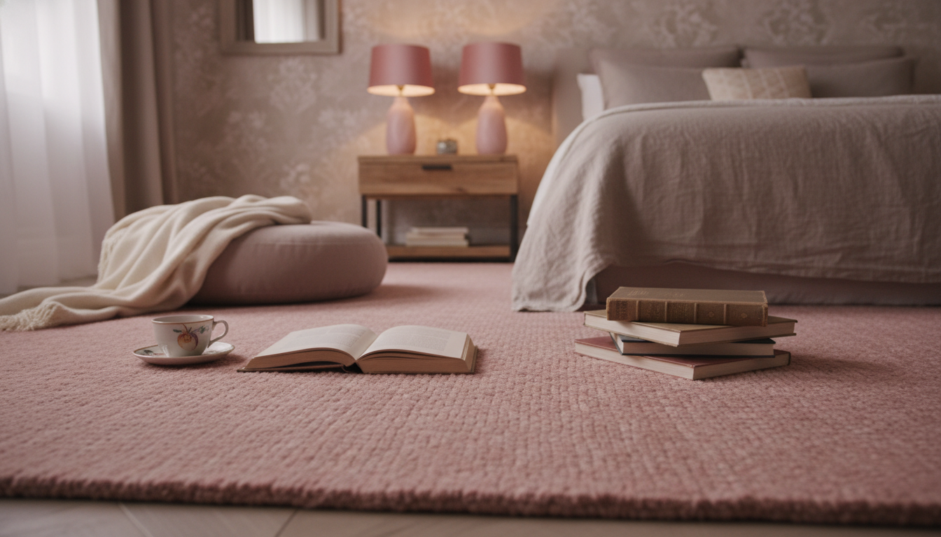 Dusty rose rug in a romantic bedroom with soft diffused lighting from table lamps.