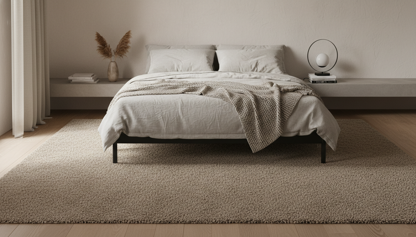 Symmetrically placed beige bedroom rug under a bed for grounding and restful Feng Shui energy.