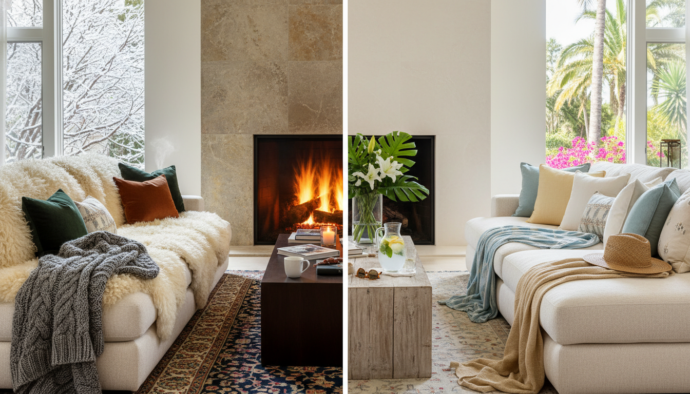 Comparison of winter and summer rug layering options showing how to swap top layers for different seasons.