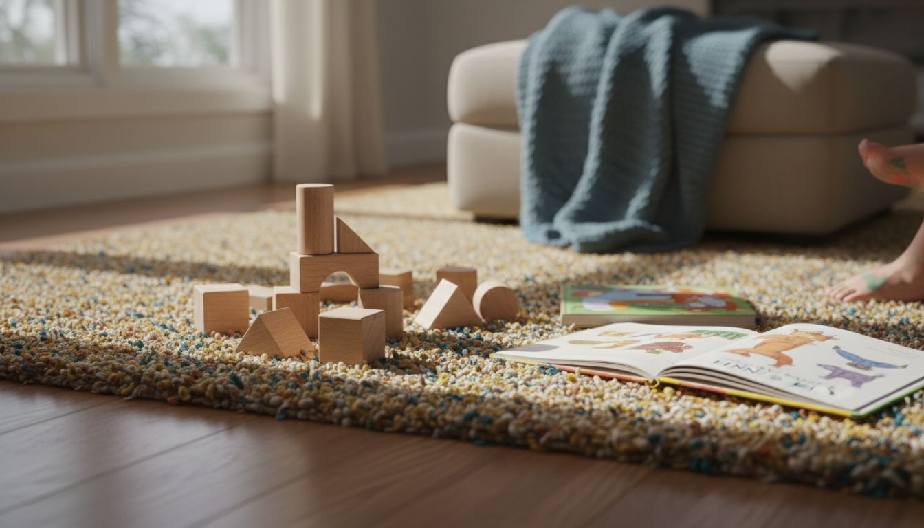 Kid-friendly room with a large, durable rug designed for floor-based play and safety.