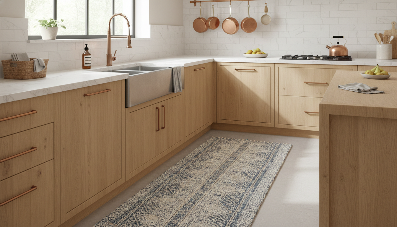 Washable kitchen runner rug providing anti-fatigue comfort and a pop of color in a functional space.