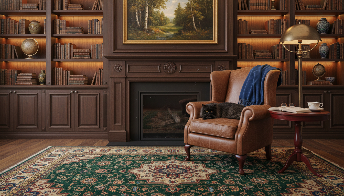 Deep emerald green traditional washable rug in a library with a leather wingback chair.