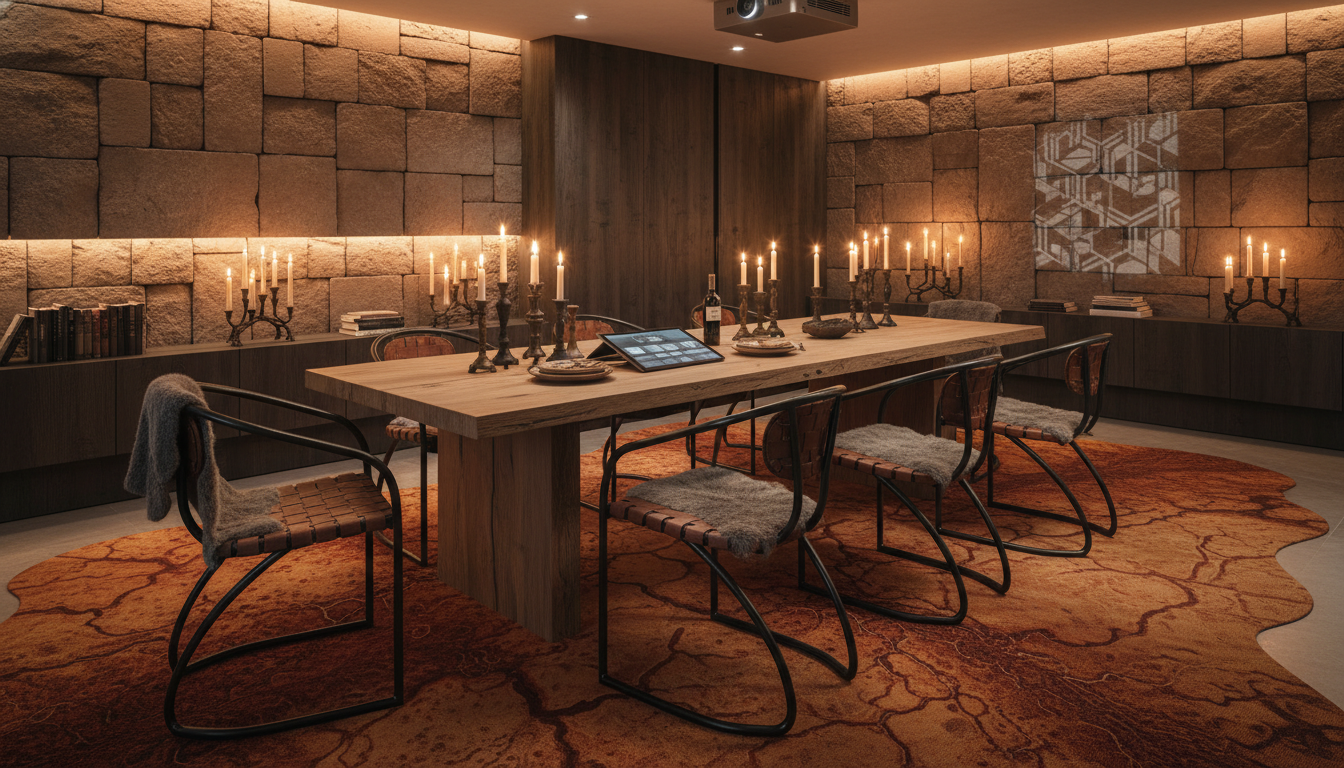 Terracotta earth-grounded rug under a raw-edge oak dining table.