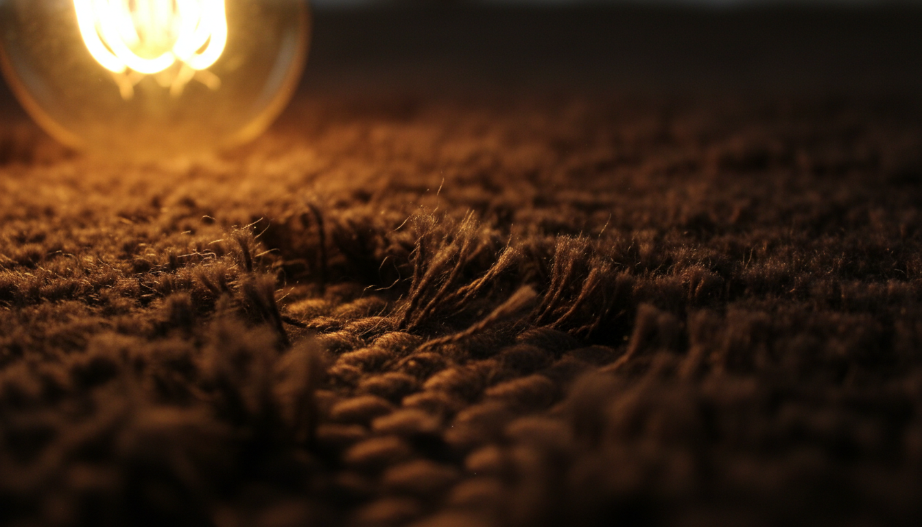 Close-up of chocolate brown rug fibers illuminated by a very warm filament bulb.