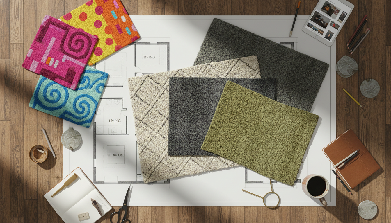 Interior design planning session showing the selection of harmonious rugs for a Feng Shui audit.