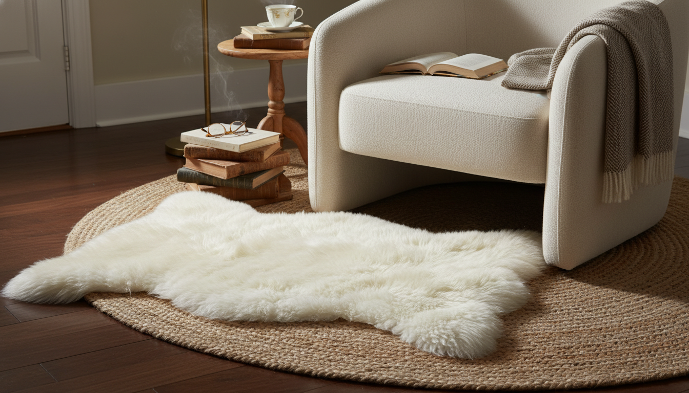 Cozy reading corner with layered rugs under an armchair creating a personal retreat.