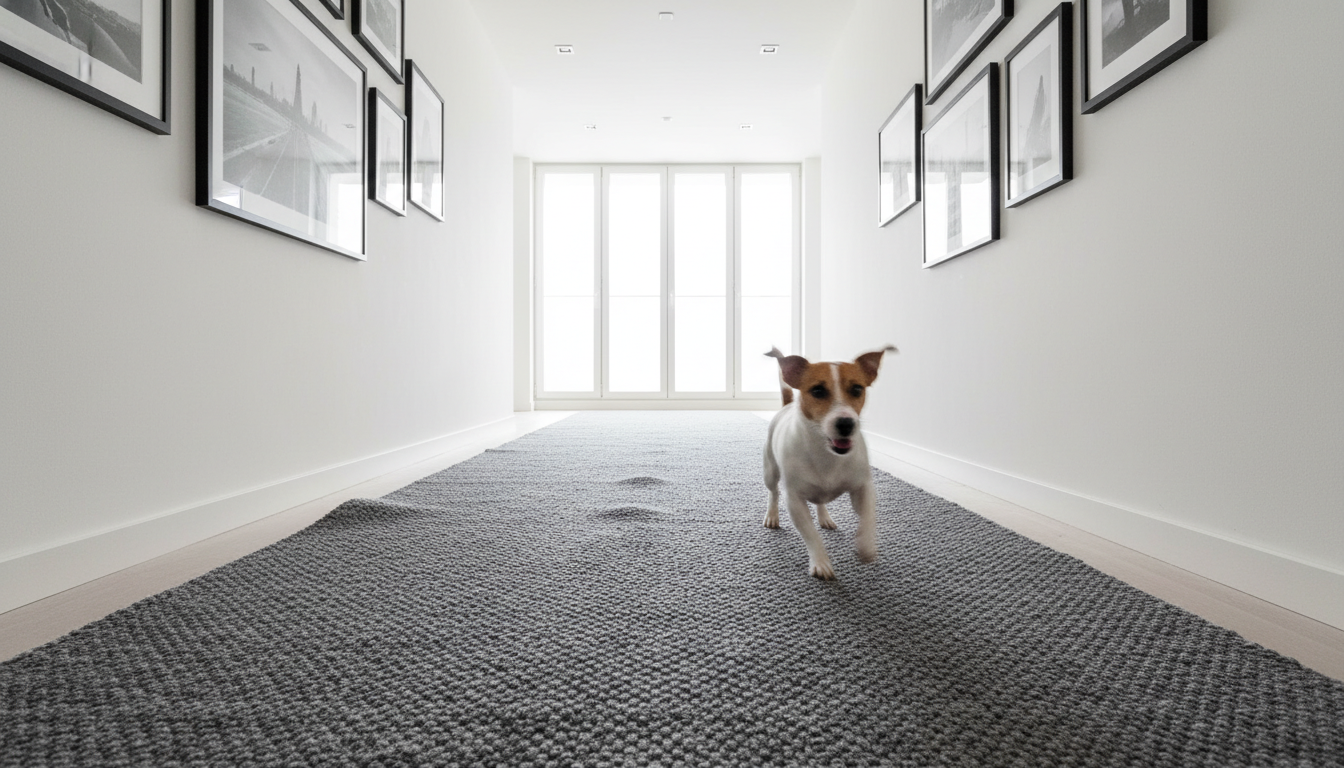 Graphite grey washable runner rug in a white hallway with a running dog.