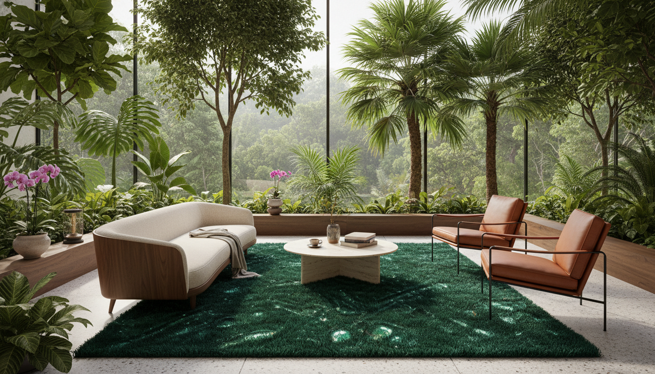 Emerald green high-pile structural-color shag rug in a plant-filled sunroom.