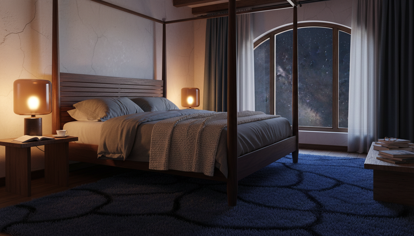Deep indigo radiation-filtering rug in a circadian-optimized bedroom.