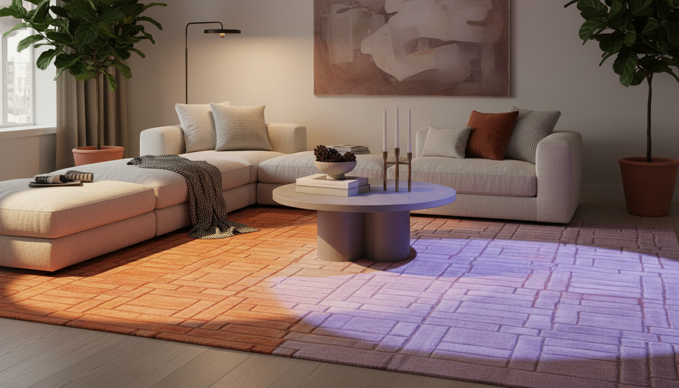 Neutral textured rug illuminated by color-changing smart lighting for a dynamic atmosphere.