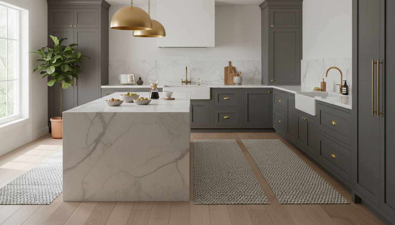 Contemporary kitchen with washable runner rugs placed in high-traffic prep zones.
